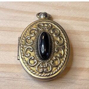 Vintage Gold Tone Oval Locket Pendant Black Cabochon Scrollwork Ornate Design